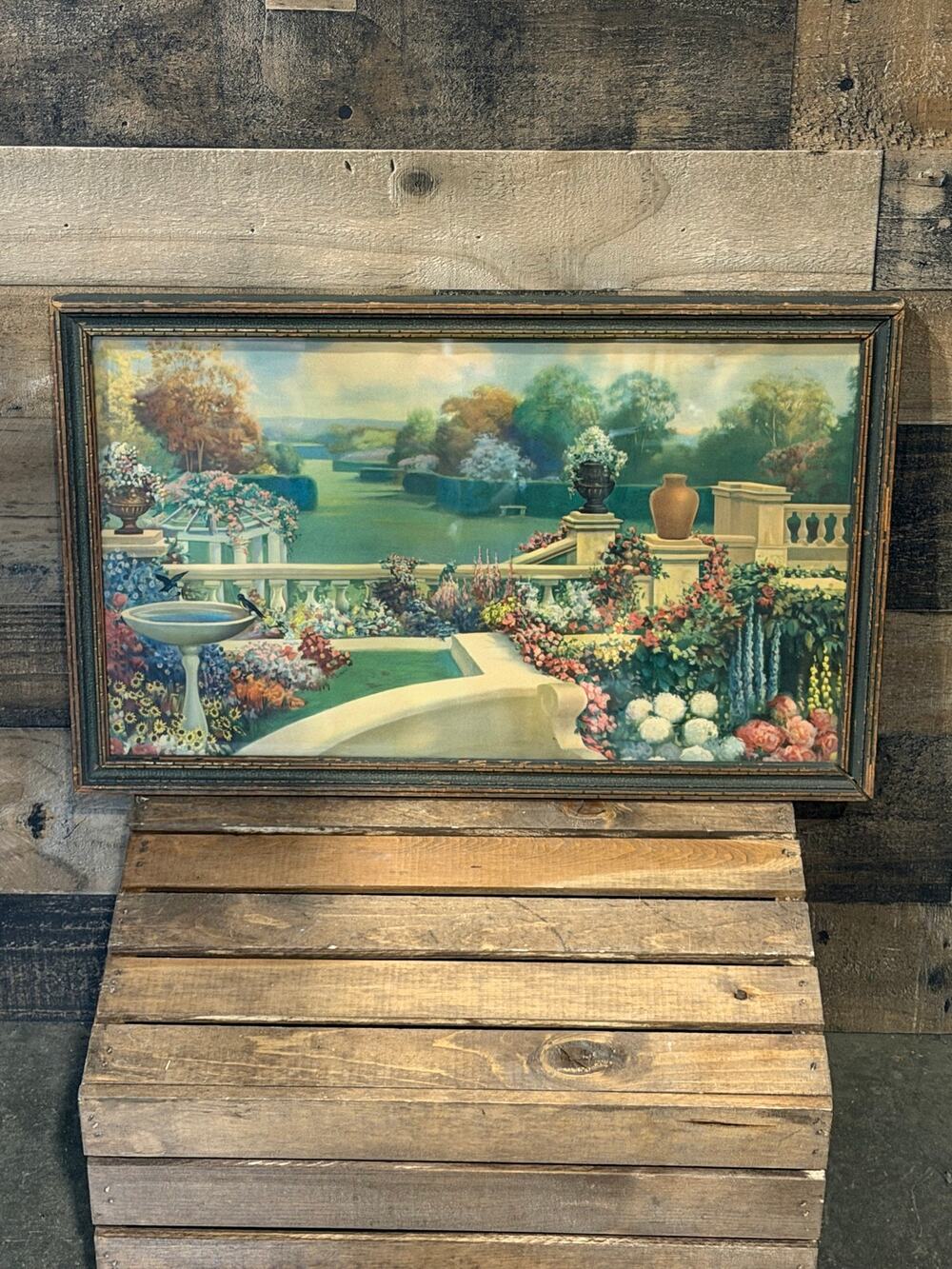 Vintage Framed Garden Terrace Print -Lithograph-Italianate Balustrade -21x13